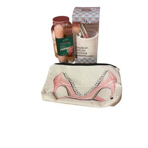 Stylish Pink High Heel Cosmetic Pouch stuffed with extras items